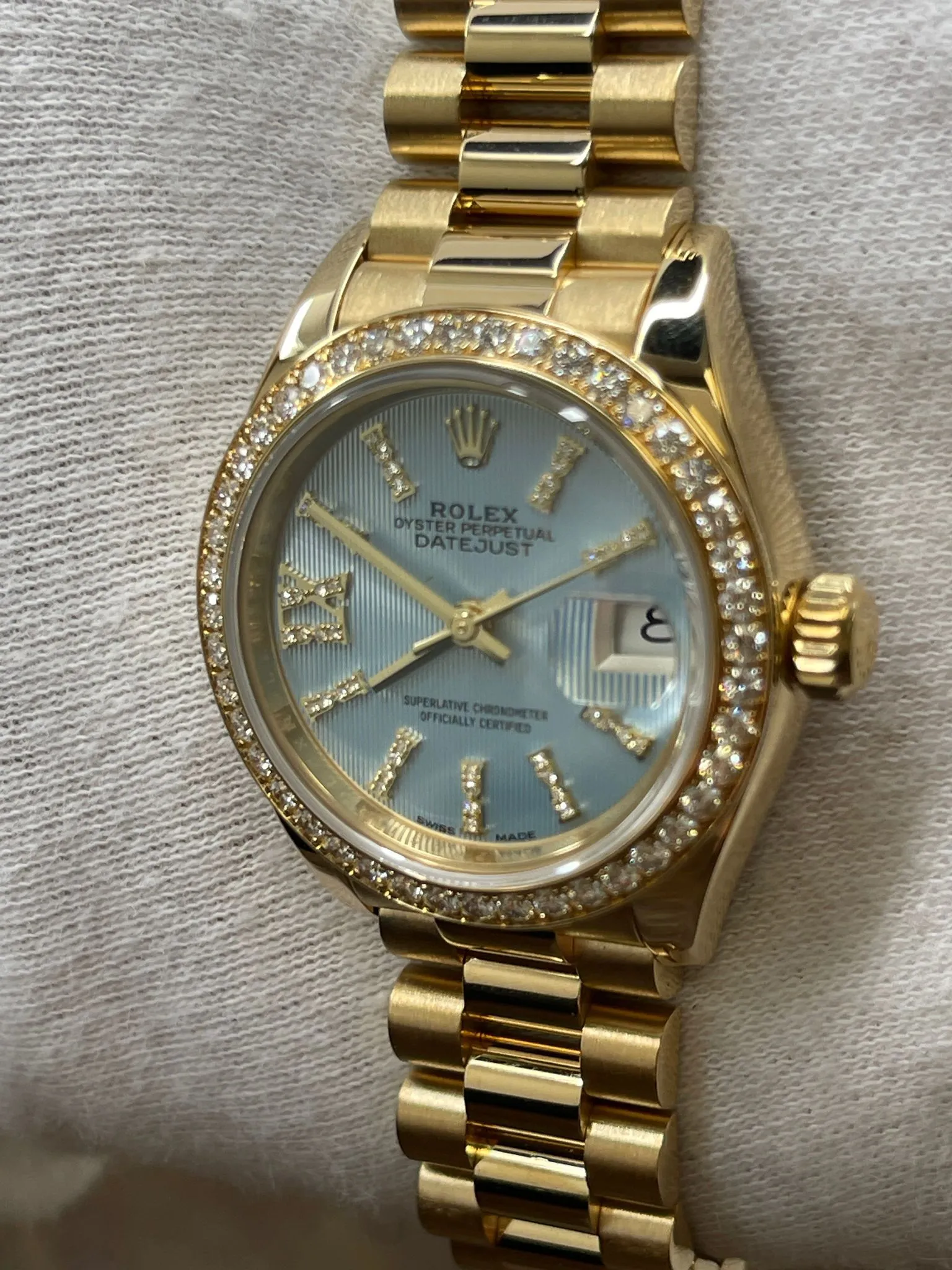 Rolex Datejust 28mm 18K Yellow Gold 279138 Cornflower Blue Stripe Diamond Dial Automatic Women's Watch