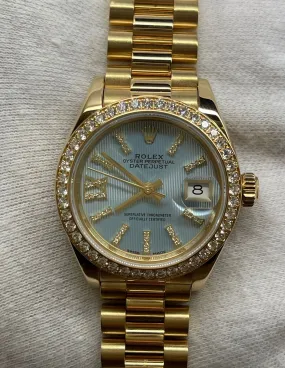 Rolex Datejust 28mm 18K Yellow Gold 279138 Cornflower Blue Stripe Diamond Dial Automatic Women's Watch