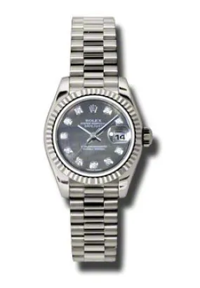 Rolex Lady-Datejust 26 Black Mother Of Pearl Dial 18K White Gold President Automatic Ladies Watch 179179BKMDP