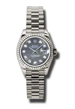 Rolex Lady-Datejust 26 Black Mother Of Pearl Dial 18K White Gold President Automatic Ladies Watch 179179BKMDP