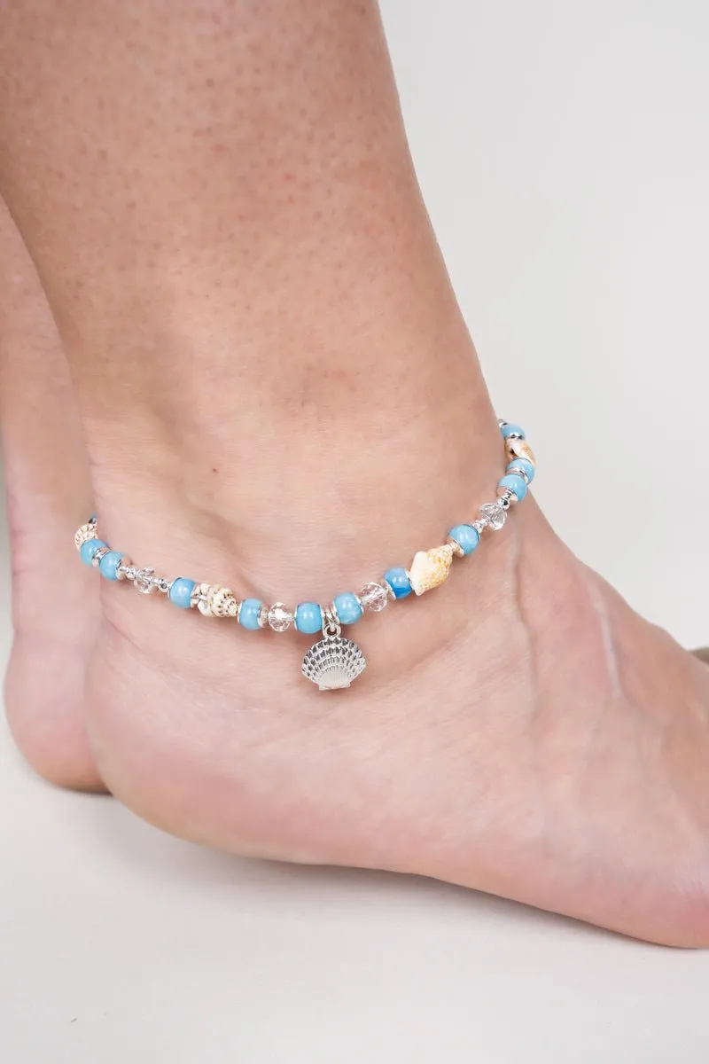 SALE! Conch Cove Seashell Blue Beaded Anklet