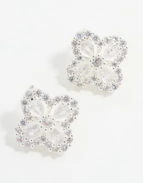 Silver Cubic Zirconia Floral Stud Earrings