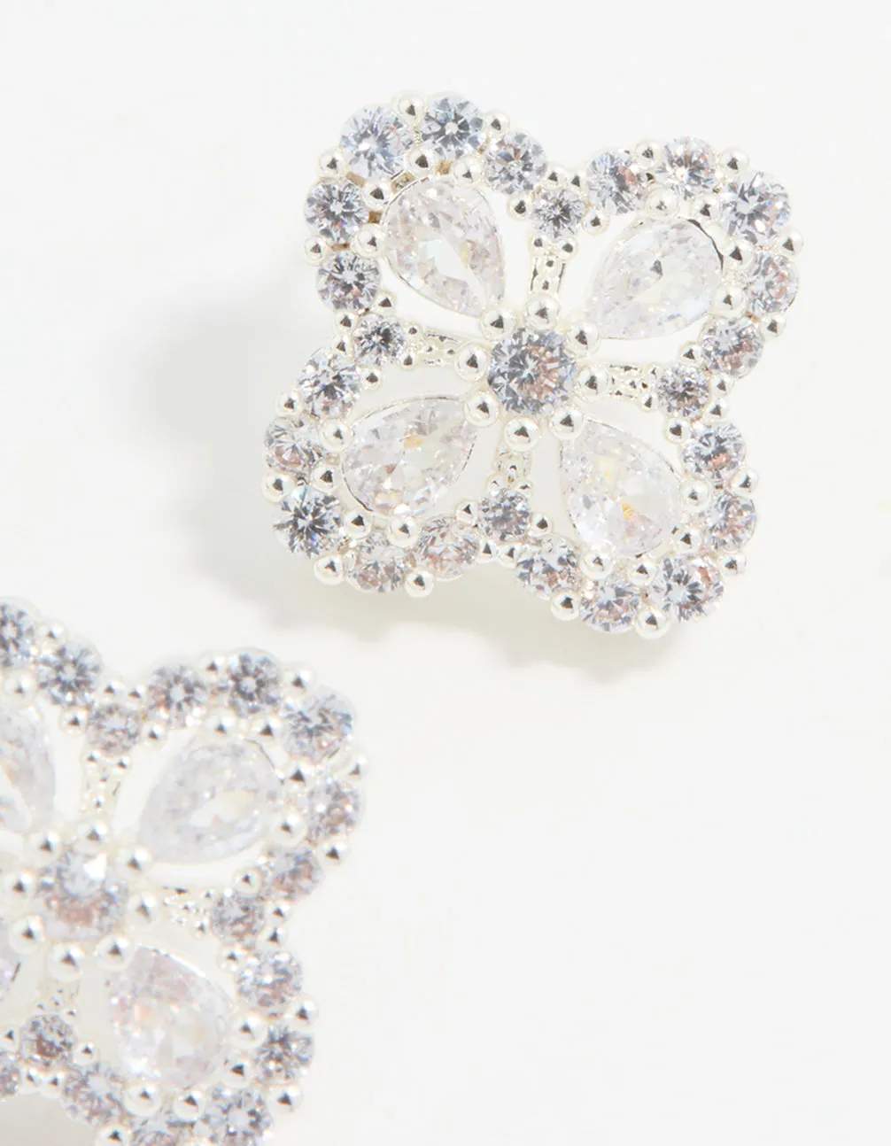 Silver Cubic Zirconia Floral Stud Earrings