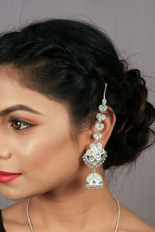 Silver Linings "Floral Kaan Chain" Silver Filigree Handmade Jhumka Earrings