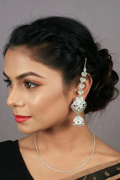 Silver Linings "Floral Kaan Chain" Silver Filigree Handmade Jhumka Earrings
