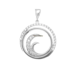 SOLID 14K WHITE GOLD HAWAIIAN OCEAN WAVE CIRCLE CHARM BLING CZ PENDANT 18.30MM