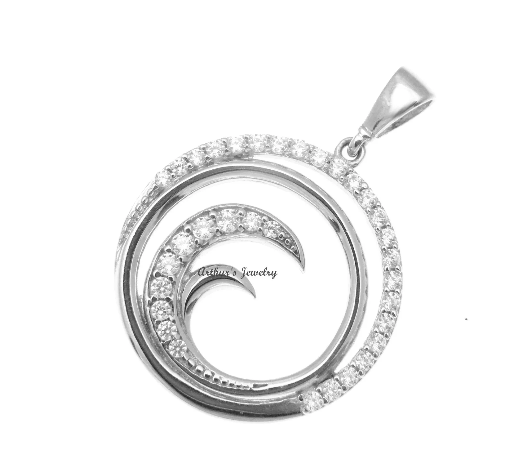 SOLID 14K WHITE GOLD HAWAIIAN OCEAN WAVE CIRCLE CHARM BLING CZ PENDANT 18.30MM