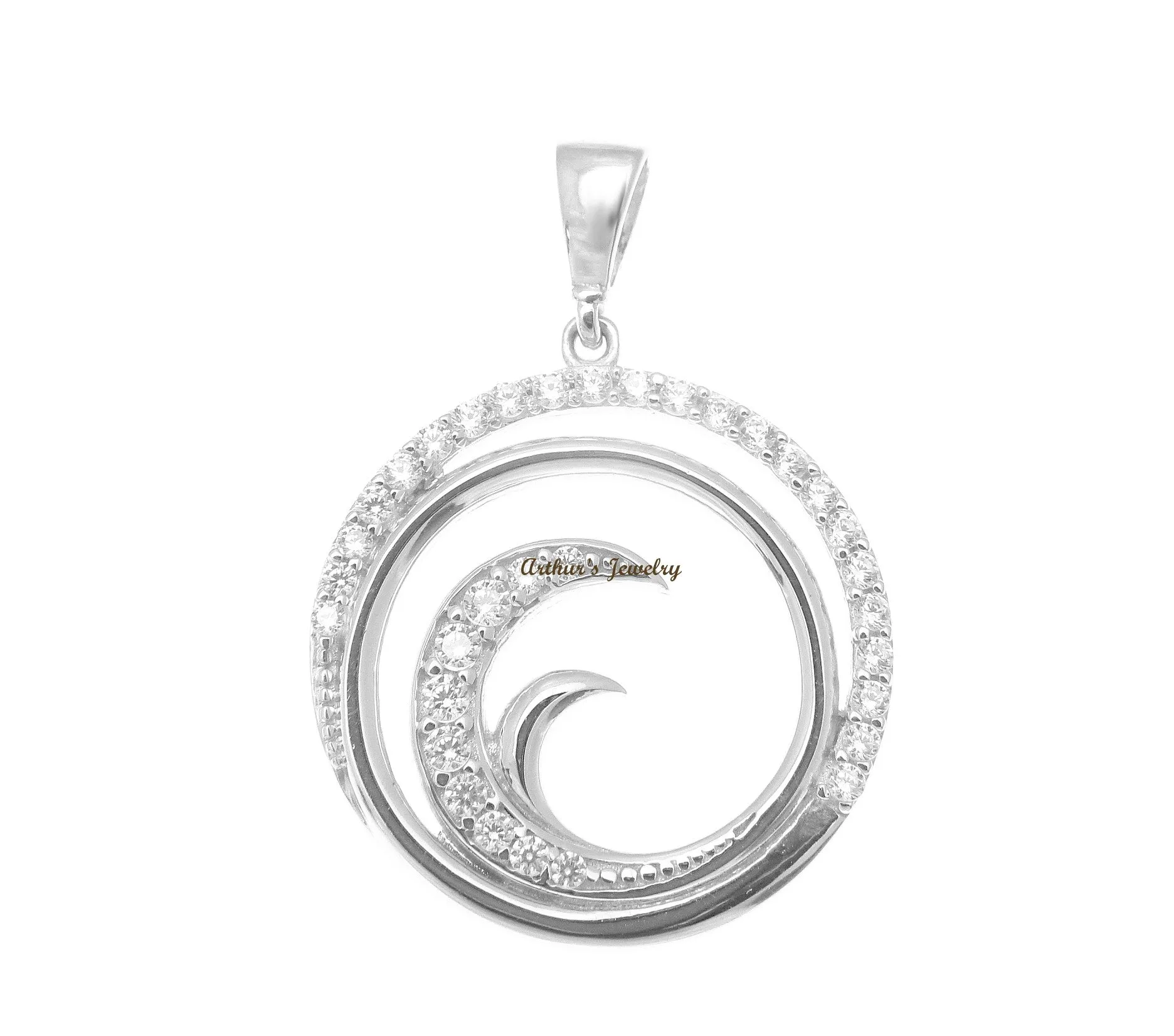 SOLID 14K WHITE GOLD HAWAIIAN OCEAN WAVE CIRCLE CHARM BLING CZ PENDANT 18.30MM
