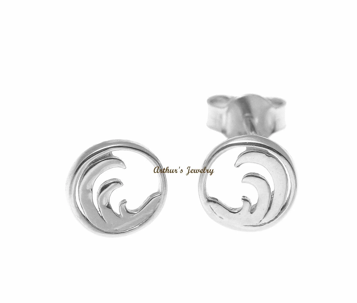 SOLID 14K WHITE GOLD HAWAIIAN OCEAN WAVE CIRCLE STUD POST EARRINGS SMALL 7.25MM