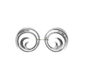 SOLID 14K WHITE GOLD HAWAIIAN OCEAN WAVE CIRCLE STUD POST EARRINGS SMALL 7.25MM
