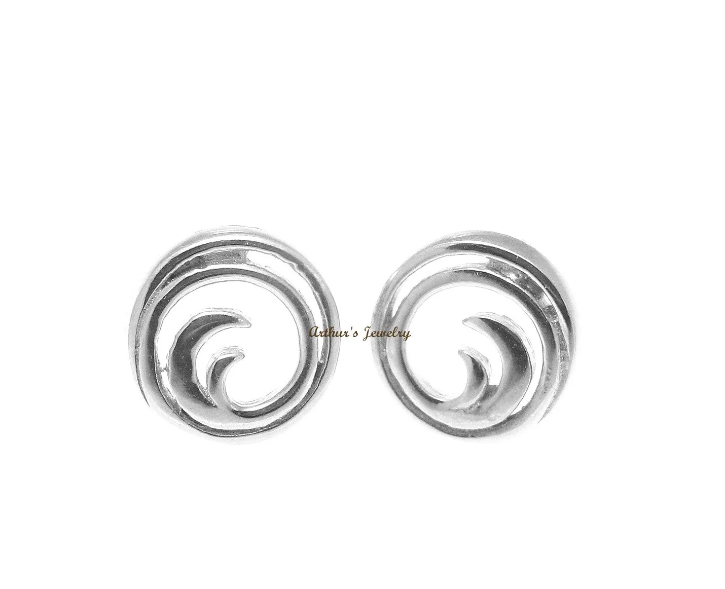 SOLID 14K WHITE GOLD HAWAIIAN OCEAN WAVE CIRCLE STUD POST EARRINGS SMALL 7.25MM