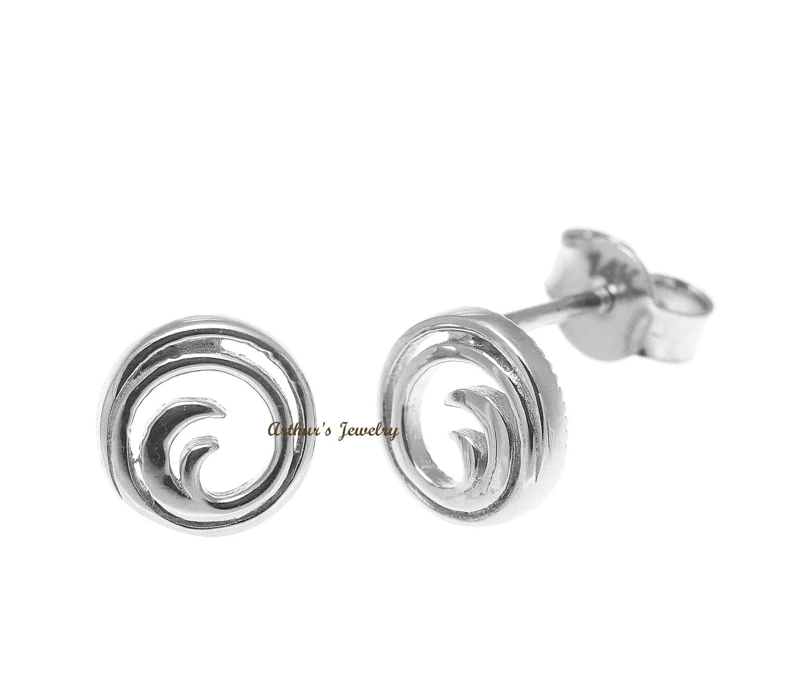 SOLID 14K WHITE GOLD HAWAIIAN OCEAN WAVE CIRCLE STUD POST EARRINGS SMALL 7.25MM