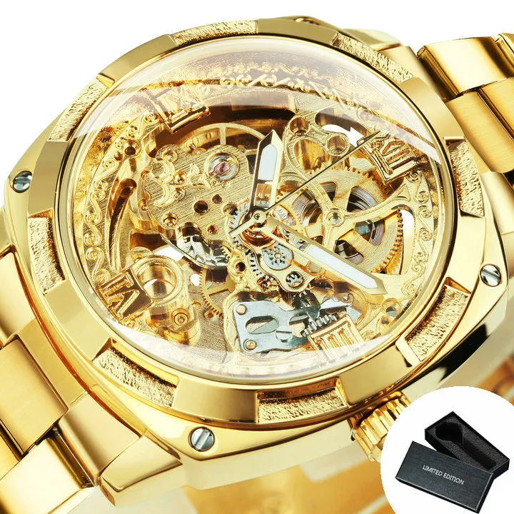 Square Gold Skeleton Automatic Mechanical Watch Engraved Movement Luminous Luxury Stainless Steel Strap Forsining Vintage Mens Watches