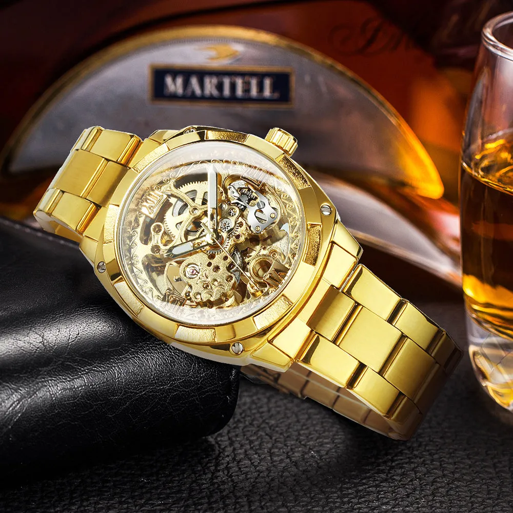 Square Gold Skeleton Automatic Mechanical Watch Engraved Movement Luminous Luxury Stainless Steel Strap Forsining Vintage Mens Watches