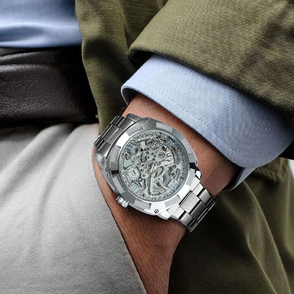 Square Gold Skeleton Automatic Mechanical Watch Engraved Movement Luminous Luxury Stainless Steel Strap Forsining Vintage Mens Watches