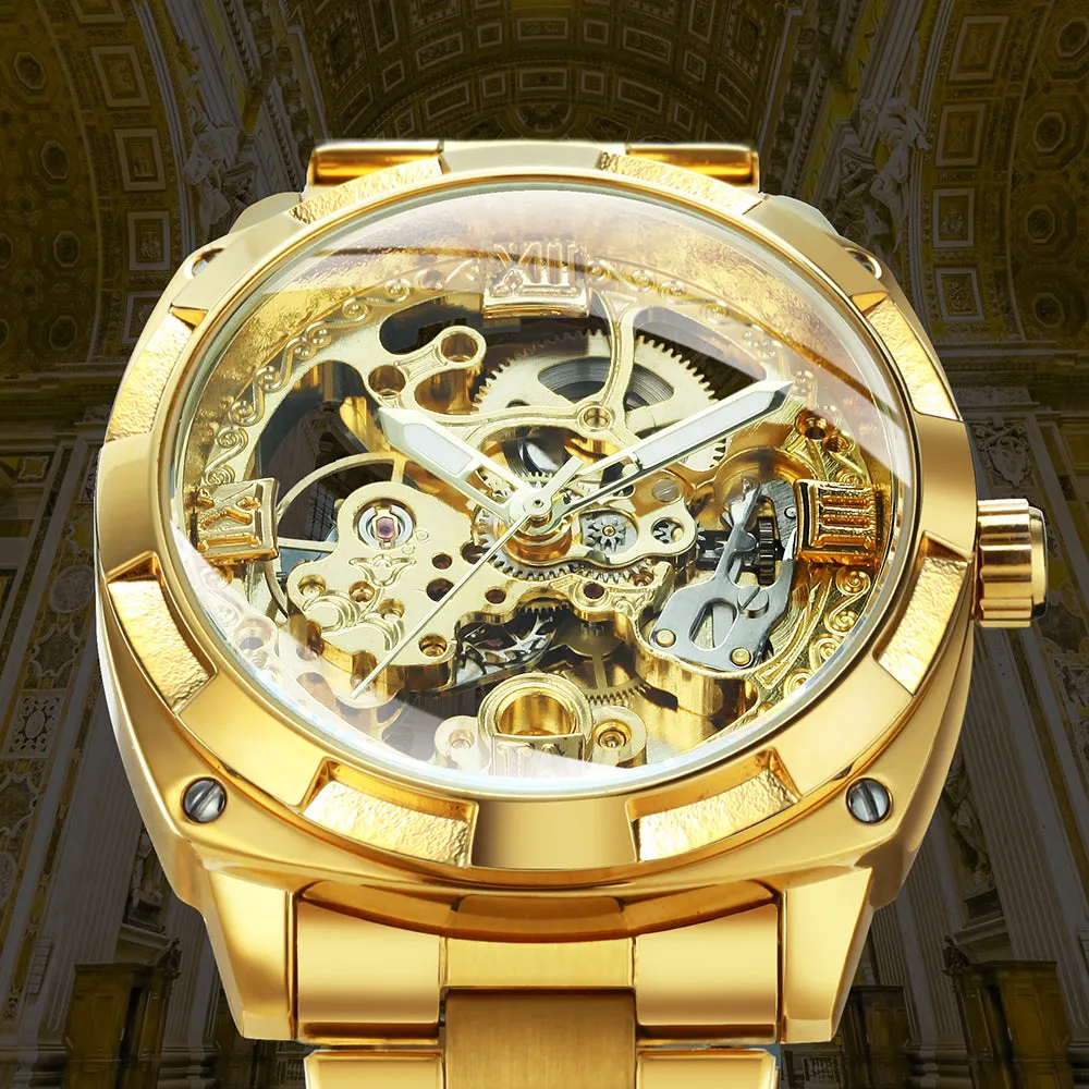 Square Gold Skeleton Automatic Mechanical Watch Engraved Movement Luminous Luxury Stainless Steel Strap Forsining Vintage Mens Watches