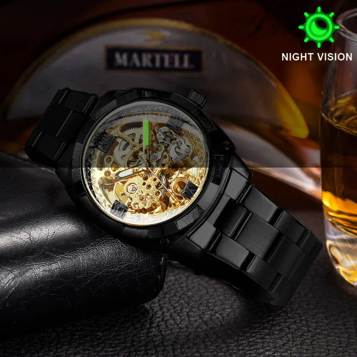 Square Gold Skeleton Automatic Mechanical Watch Engraved Movement Luminous Luxury Stainless Steel Strap Forsining Vintage Mens Watches