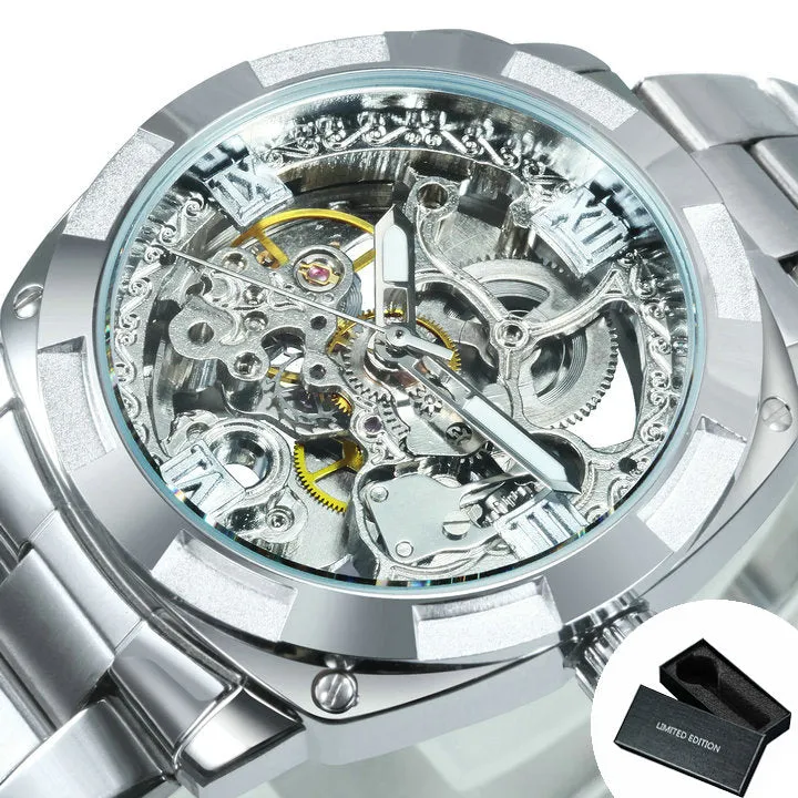 Square Gold Skeleton Automatic Mechanical Watch Engraved Movement Luminous Luxury Stainless Steel Strap Forsining Vintage Mens Watches