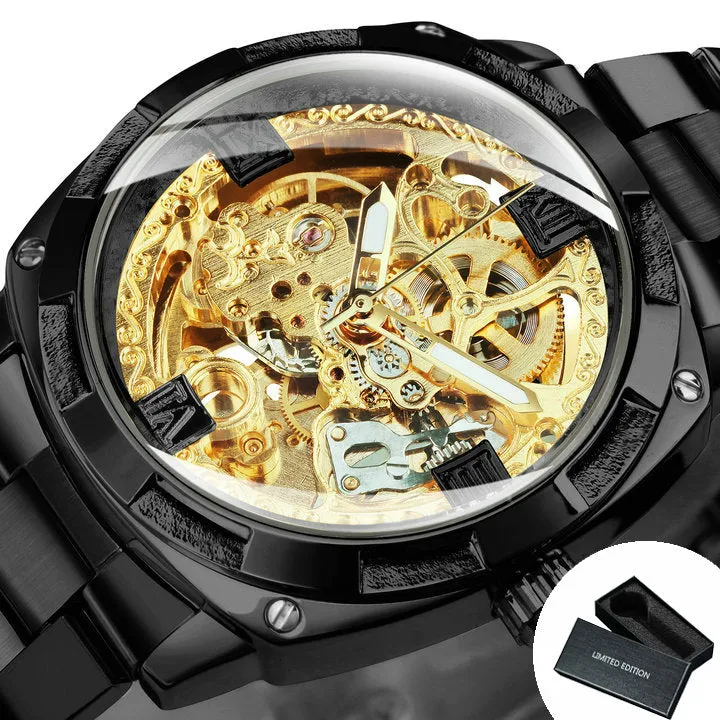 Square Gold Skeleton Automatic Mechanical Watch Engraved Movement Luminous Luxury Stainless Steel Strap Forsining Vintage Mens Watches