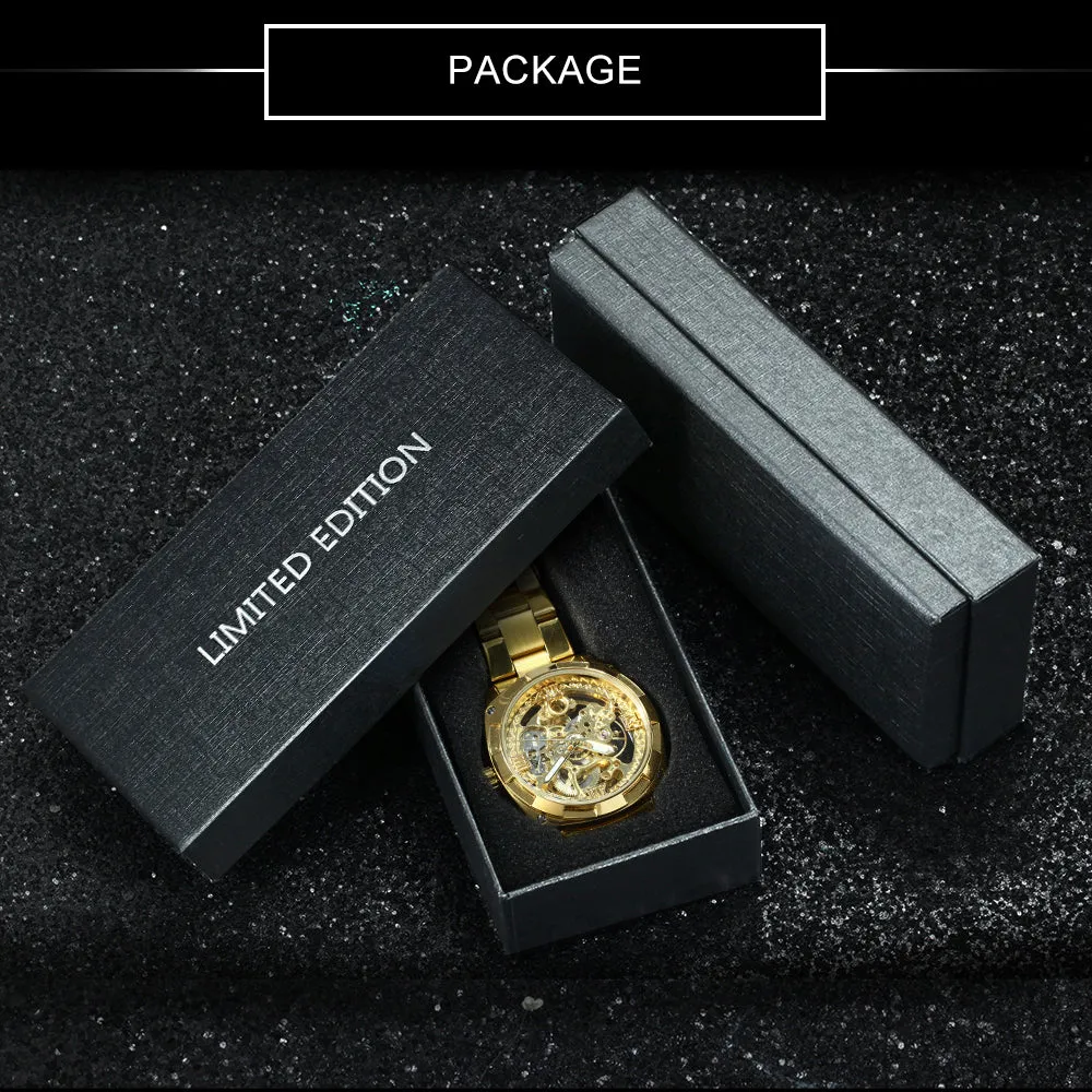 Square Gold Skeleton Automatic Mechanical Watch Engraved Movement Luminous Luxury Stainless Steel Strap Forsining Vintage Mens Watches