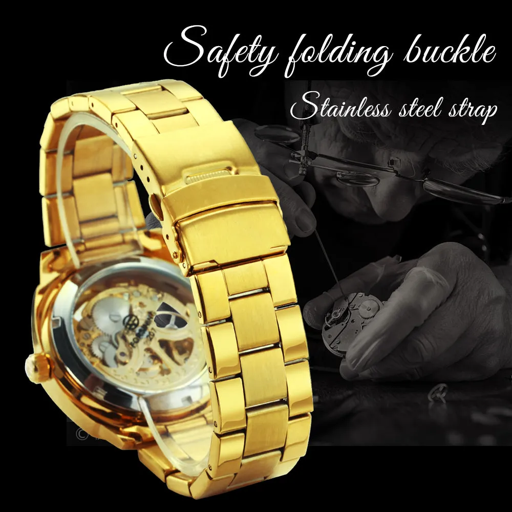 Square Gold Skeleton Automatic Mechanical Watch Engraved Movement Luminous Luxury Stainless Steel Strap Forsining Vintage Mens Watches