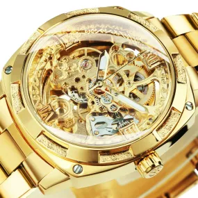 Square Gold Skeleton Automatic Mechanical Watch Engraved Movement Luminous Luxury Stainless Steel Strap Forsining Vintage Mens Watches