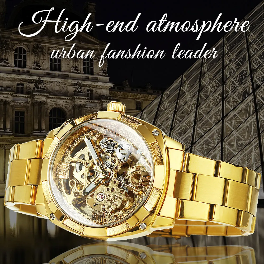 Square Gold Skeleton Automatic Mechanical Watch Engraved Movement Luminous Luxury Stainless Steel Strap Forsining Vintage Mens Watches
