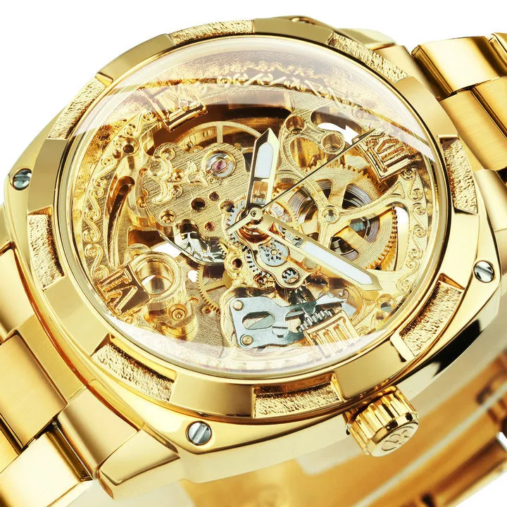 Square Gold Skeleton Automatic Mechanical Watch Engraved Movement Luminous Luxury Stainless Steel Strap Forsining Vintage Mens Watches