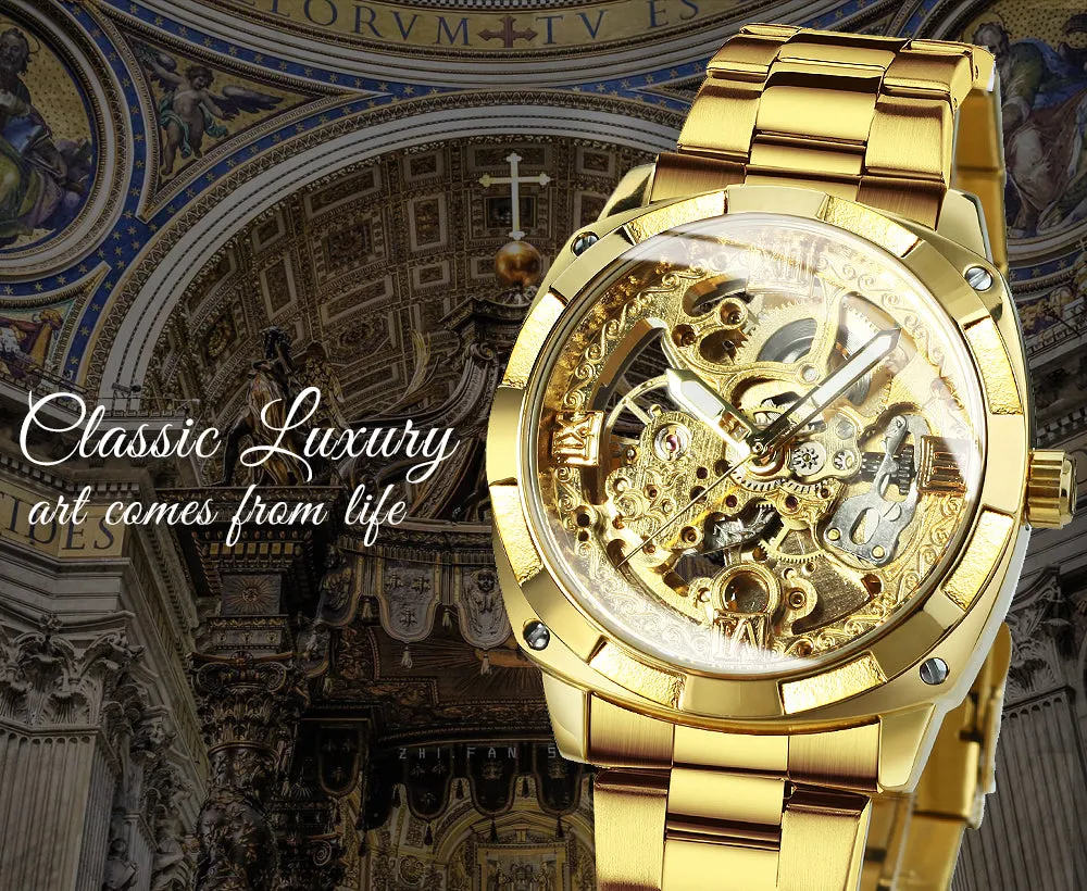 Square Gold Skeleton Automatic Mechanical Watch Engraved Movement Luminous Luxury Stainless Steel Strap Forsining Vintage Mens Watches