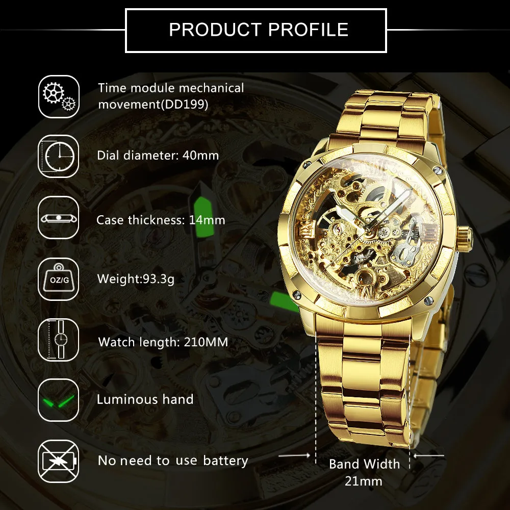 Square Gold Skeleton Automatic Mechanical Watch Engraved Movement Luminous Luxury Stainless Steel Strap Forsining Vintage Mens Watches