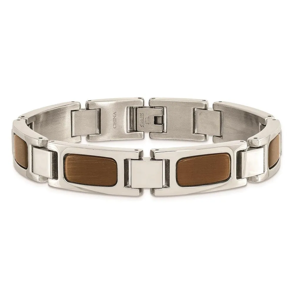 Stainless Steel Polished with Tiger's Eye 8.5in Bracelet