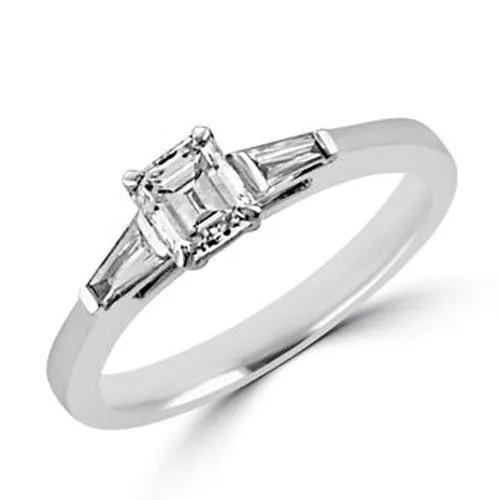 Steffans Emerald Cut Diamond Solitaire Platinum Engagement Ring with Tapered Baguette Cut Diamond Shoulders (RBC: 0.50ct, F/G VS, GIA TB: 0.25ct)