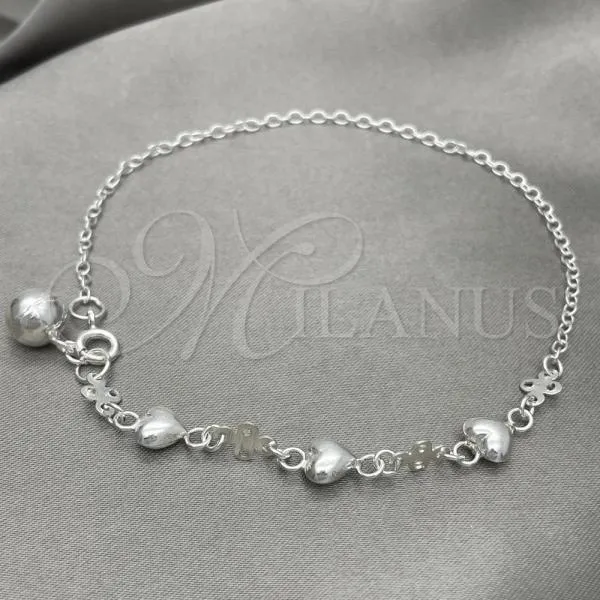 Sterling Silver Charm Anklet , Heart Design, Polished, Silver Finish, 03.409.0029.10