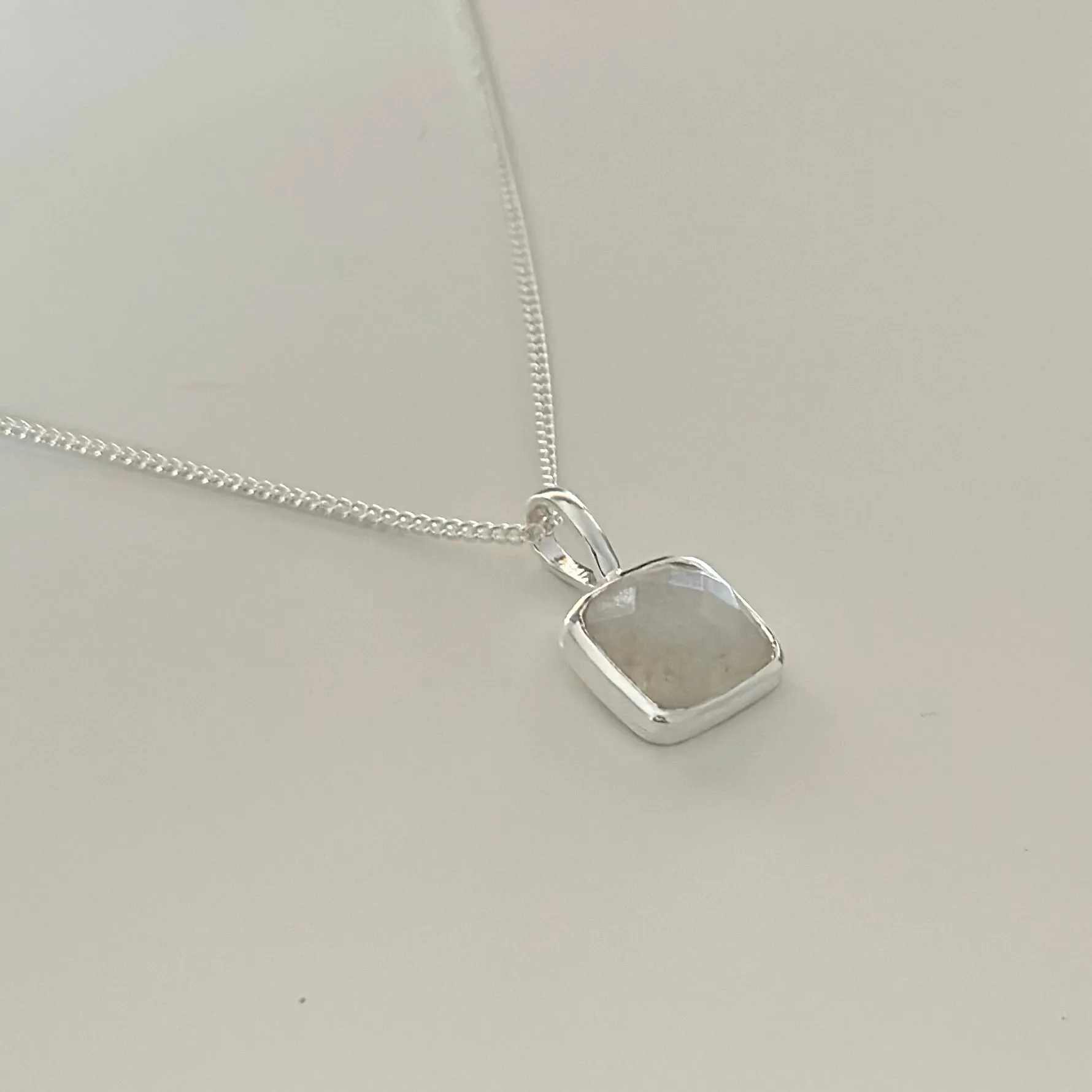 Sterling Silver Pendant Necklace with a Faceted Square Gemstone - Moonstone