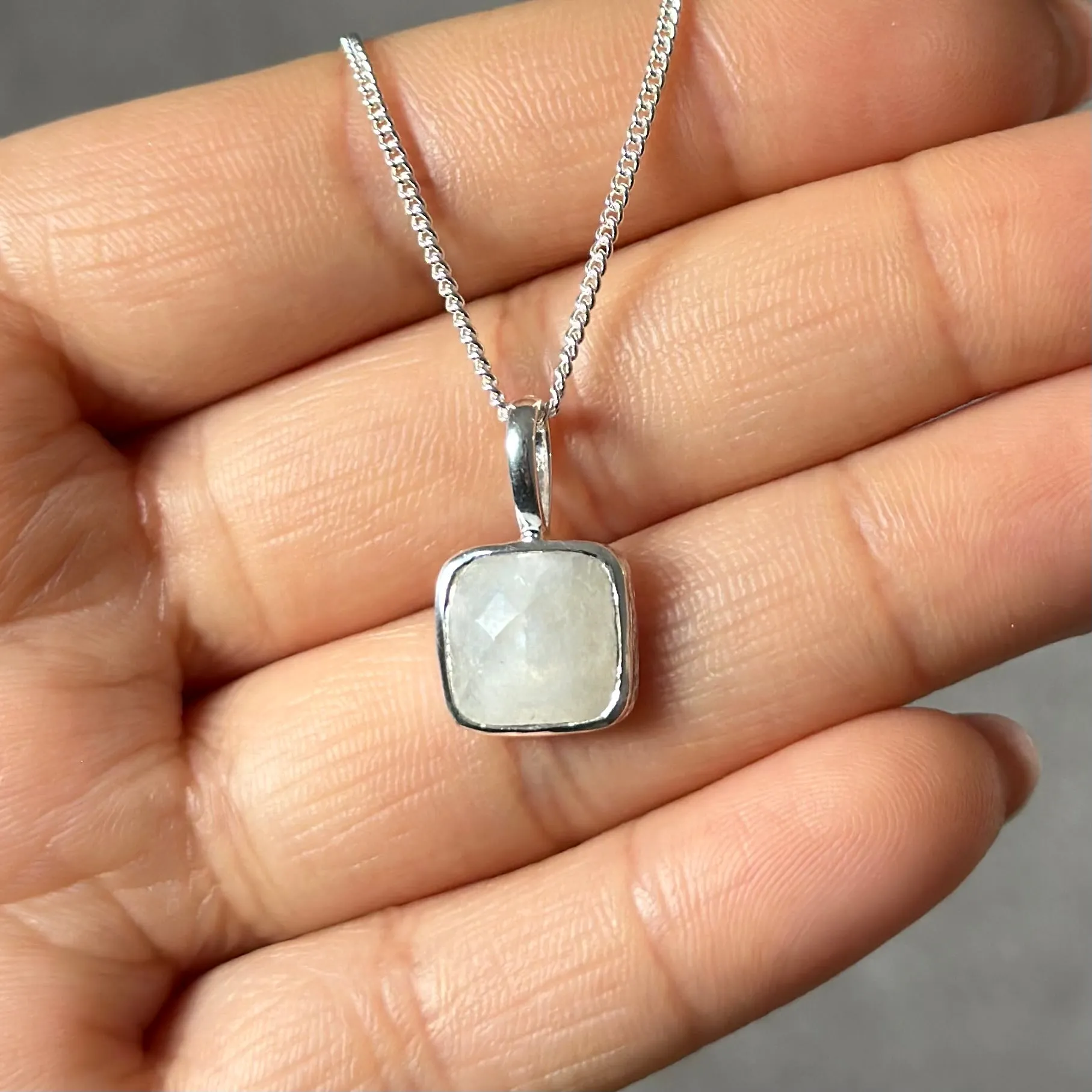 Sterling Silver Pendant Necklace with a Faceted Square Gemstone - Moonstone