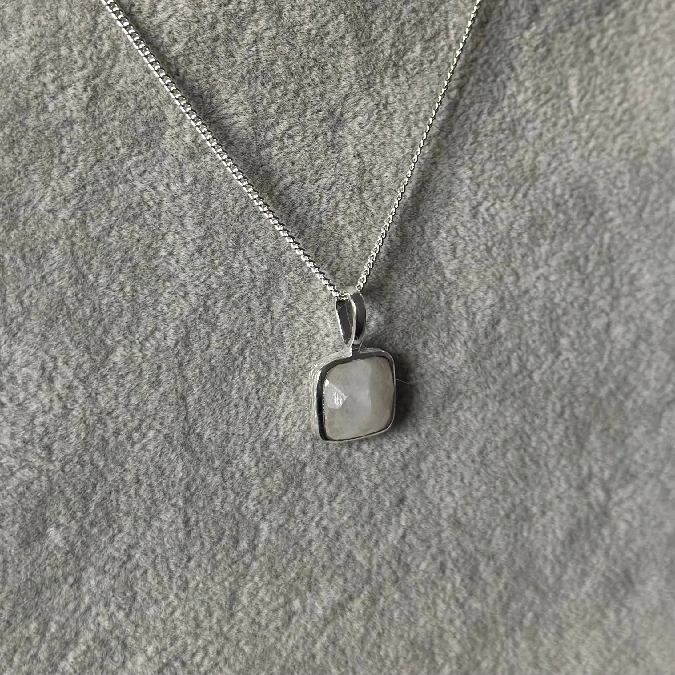 Sterling Silver Pendant Necklace with a Faceted Square Gemstone - Moonstone