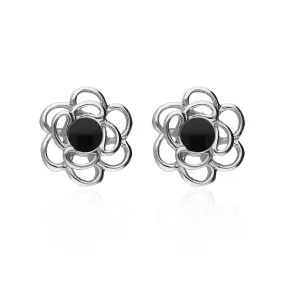 Sterling Silver Whitby Jet Abstract Flower Stud Earrings