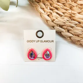 Teardrop Glass Stone Post Earrings with AB Crystal in Pink