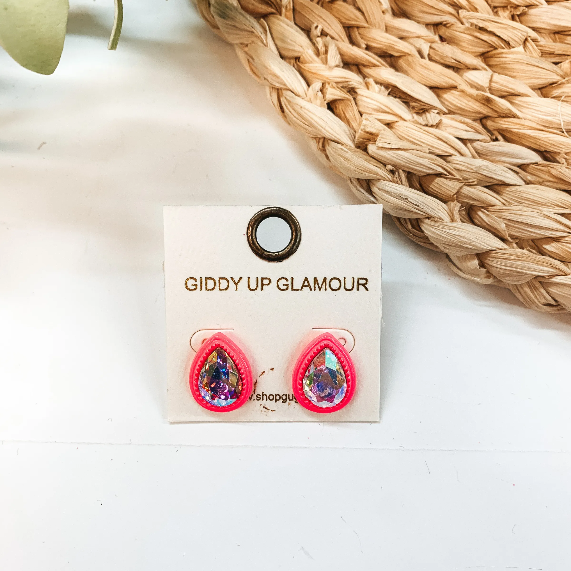 Teardrop Glass Stone Post Earrings with AB Crystal in Pink