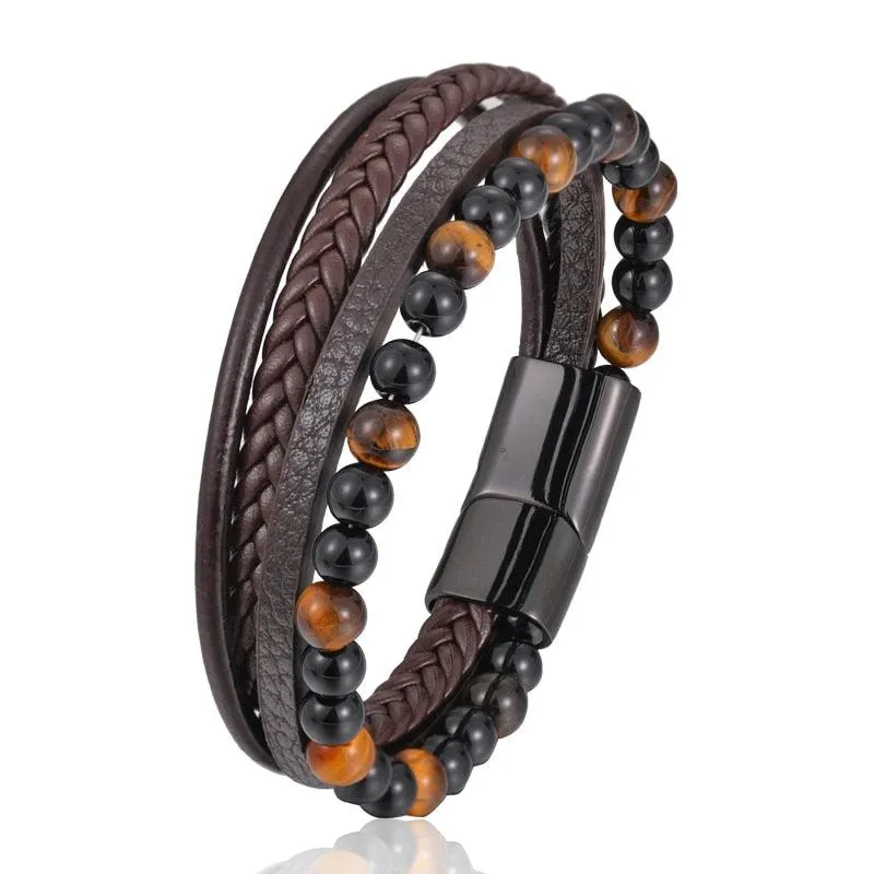 Tiger's Eye Bracelet - Leather and Steel
