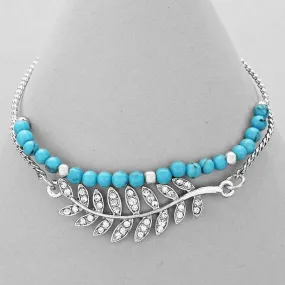 Turquoise Beaded Bracelet with Silver Crystal Pave Leaf