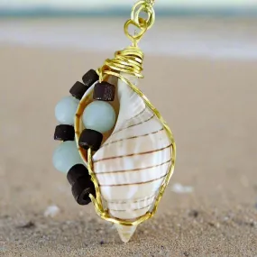 Unique Banded Tulip Seashell Pendant with Gold Tone Wire Wrap & Green Glass Beads on Gold Plated Brass Necklace-Beach-Boho
