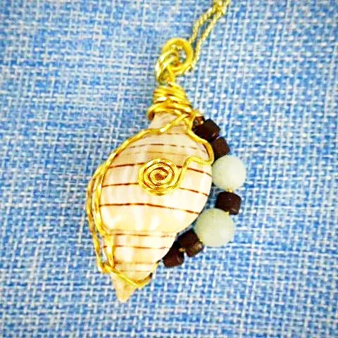 Unique Banded Tulip Seashell Pendant with Gold Tone Wire Wrap & Green Glass Beads on Gold Plated Brass Necklace-Beach-Boho