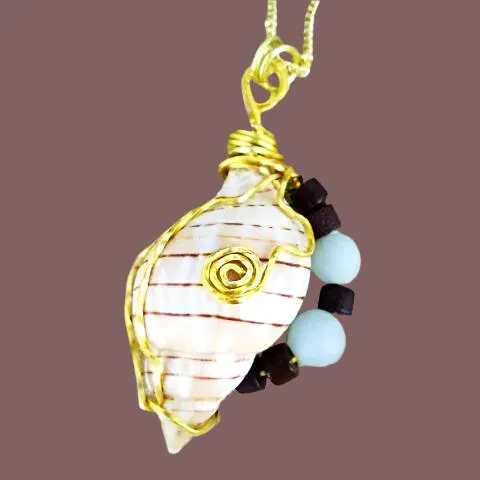 Unique Banded Tulip Seashell Pendant with Gold Tone Wire Wrap & Green Glass Beads on Gold Plated Brass Necklace-Beach-Boho