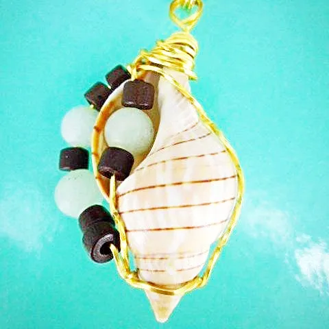 Unique Banded Tulip Seashell Pendant with Gold Tone Wire Wrap & Green Glass Beads on Gold Plated Brass Necklace-Beach-Boho