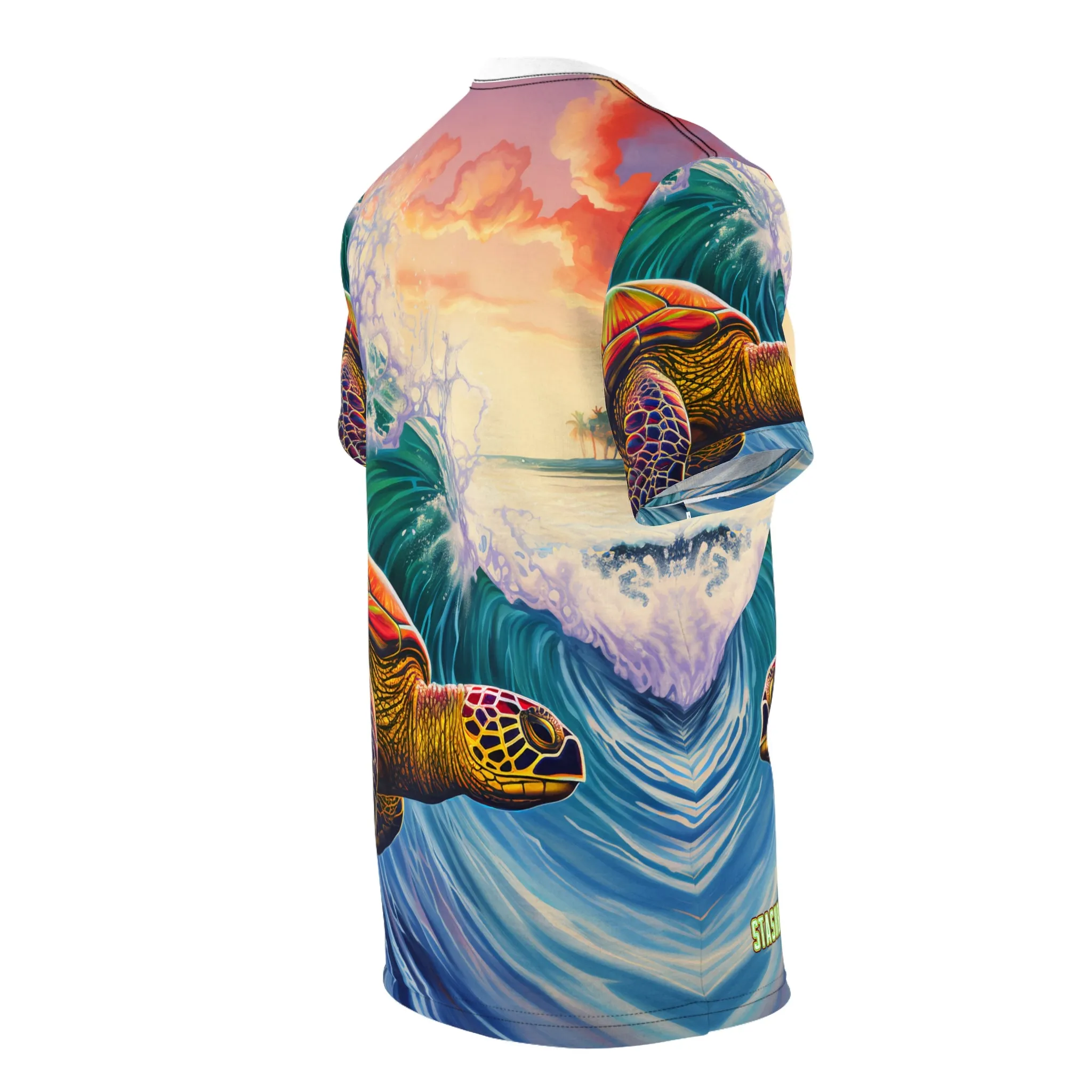 Unisex Cut & Sew Tee (AOP) Surfing Giant Turtle Waves 009