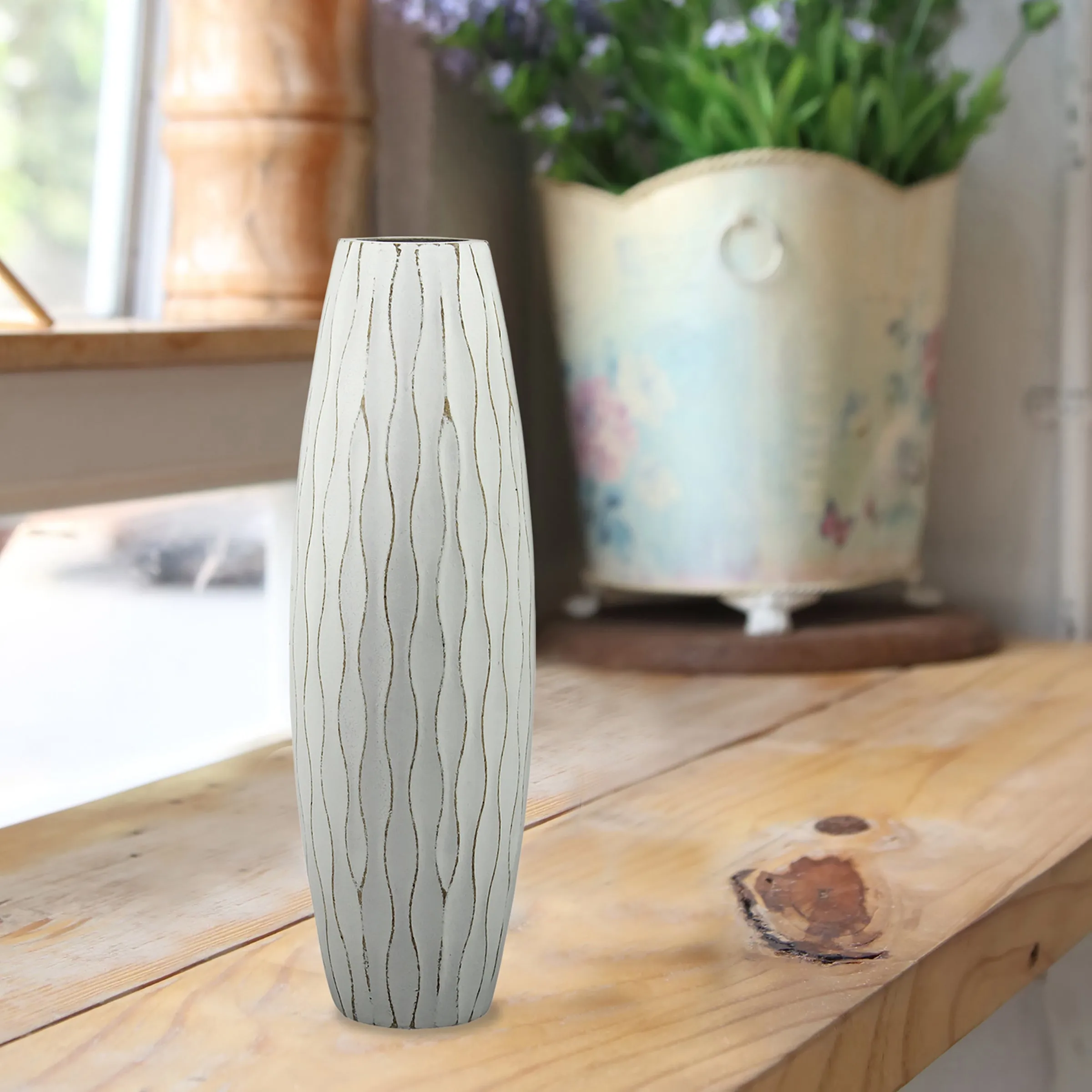 Vintage Textured Pale Ocean Blue Tall Wooden Vase, Small (WS)