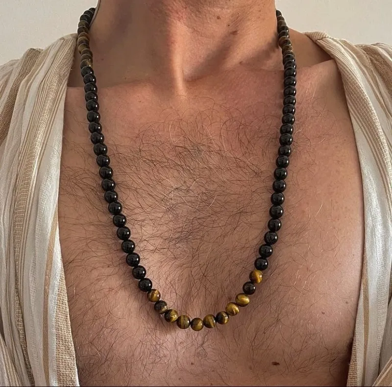 Xander Kostroma Men's Long Length Tiger's Eye & Black Onyx Brass Necklace – 72cm Healing Crystal Necklace for Protection, Clarity & Emotional Healing – Luxury Crystal Jewelry for Men