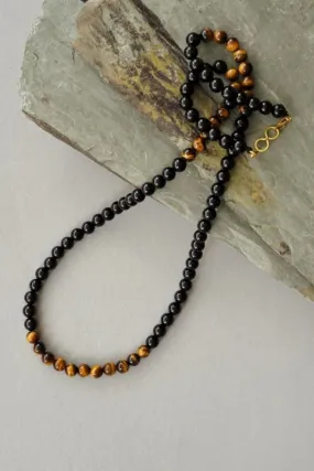 Xander Kostroma Men's Long Length Tiger's Eye & Black Onyx Brass Necklace – 72cm Healing Crystal Necklace for Protection, Clarity & Emotional Healing – Luxury Crystal Jewelry for Men